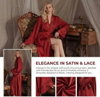 Women Sexy Satin Lace Robe,Long Sleeve Silk Bathrobe with Belt Soft Lightweight Full Length Sleepwear