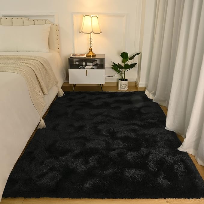 Softlife Black Area Rug for Bedroom, Fluffy Shag Plush Rugs for Living Room Girls, Shaggy Throw Soft Fuzzy Small Kids Carpet for Dorm Bedside Ultra Cozy Non-Slip Indoor Decor, 4x5.3 Feet
