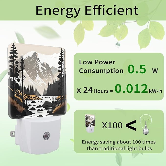 Nordic Mountain River Night Light, Mountain Park Night Light Plug into Wall with Dusk to Dawn Sensor, LED Lamp Energy Saving Lights for Men Women Boys Girls,Lamp for Bedroom Bathroom Hallway
