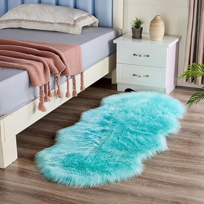 Faux Fur Sheepskin Rug - Light Blue Fluffy Fur Area Rug for Bedroom & Living Room - 2 x 5 Feet