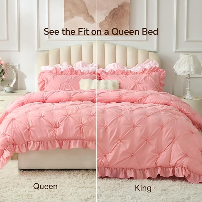 BEDELITE Pink Twin Comforter Set - 2 Peices Boho Ruffle Pintuck Bedding Comforter Sets, Lightweight Soft & Warm Twin Bedding Sets with 1 Pillowcase for All Season