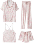 SAPJON Silk Pajamas for Women Set 4Pcs Ruffled Satin Pajamas Set Button Down Short Sleeve Cami Shorts Sleepwear Pj Set