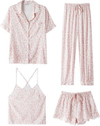 SAPJON Silk Pajamas for Women Set 4Pcs Ruffled Satin Pajamas Set Button Down Short Sleeve Cami Shorts Sleepwear Pj Set