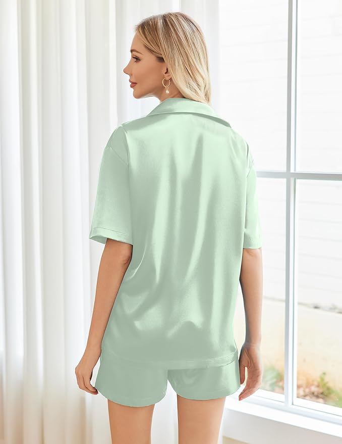 Ekouaer Pajamas for Women Silk Satin Pjs Soft Sleepwear Short Sleeve Button Down Pjs Top and Shorts 2 Piece Lounge Set S-XXL