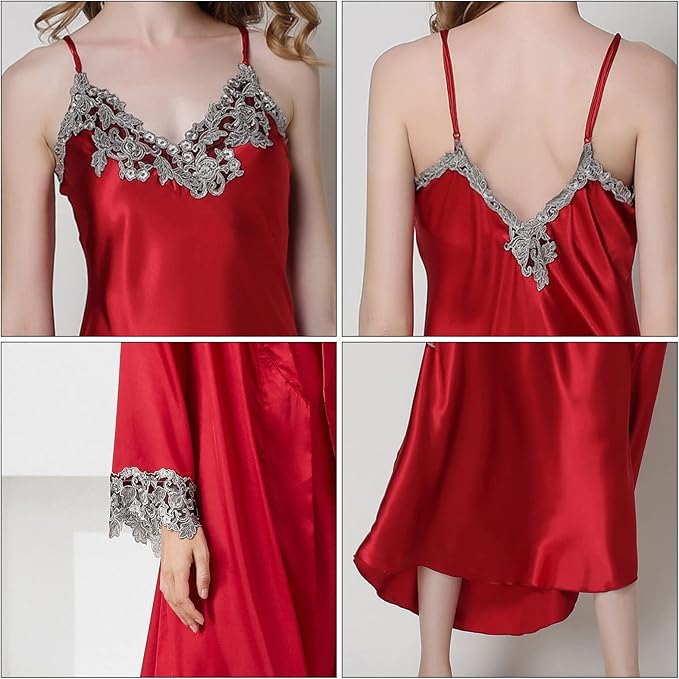 FEOYA Women's 2 Piece Satin Nightgown and Robe Sexy Silk Lace Pajamas Set Long V Neck Sleepwear for Ladies