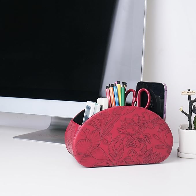 QIELIZI Remote Control Holder, PU Leather Remote Caddy Desktop Organizer with 5 Spacious Compartments for TV Remotes/Media Controllers/Office Supplies (1-Carved Red