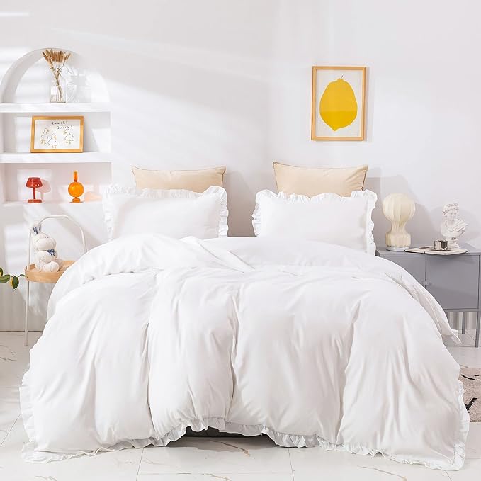 Cottonight White Comforter Set Full Ruffles White Bedding Set Farmhouser Boho Blanket Quilt Plain Vintage Friange Soft Breathable Comforter Set
