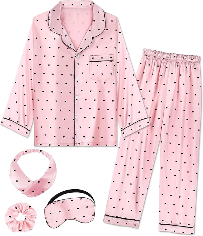EPLAZA Kids Satin Pajamas Sets Girls Boys Button-Down Silky Pajamas Sleepwear with Hairband Eye Mask Hair Tie