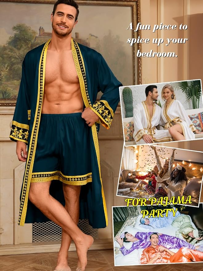 ChiaoLezhee Men's Luxury Silky Robe & Shorts Set, 2PC Lightweight Satin Pajamas with Pockets, Opulent Baroque Kimono Gifts