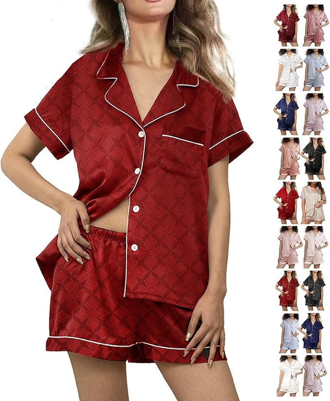 WJing Yi Jia Womens Silk Satin Pajamas Loungewear Two-Piece Sleepwear Button-Down Floral Pj Set XS-4XL
