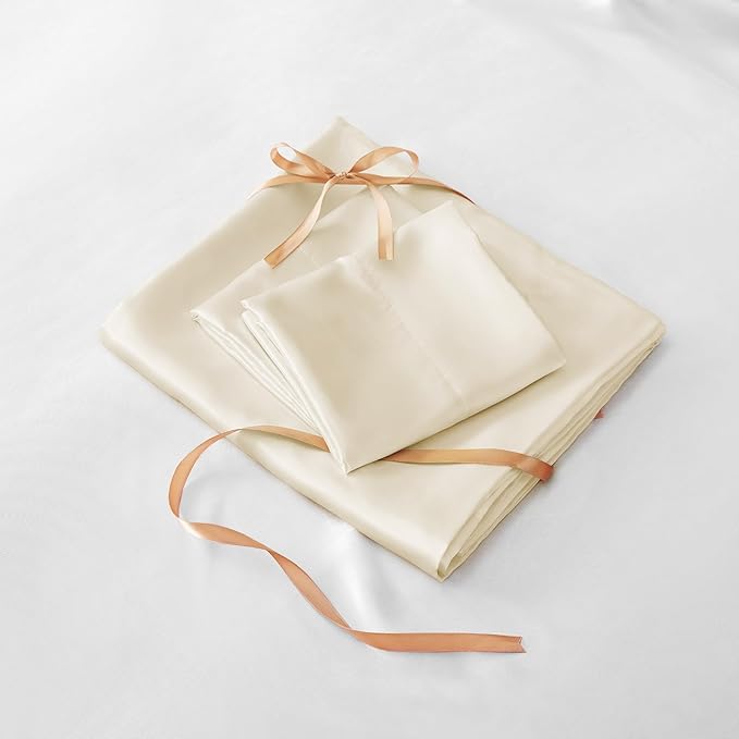 BEDELITE Satin Sheets Full Size Bed Set, Luxury Soft Beige Silky Sheet for Hair and Skin, Similar to Silk Bed Sheets Set 4 Pieces with 1 Deep Pocket Fitted Sheet, 1 Flat Sheet, and 2 Pillowcases