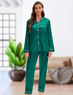 EPLAZA Silk Pajamas for Women Satin Pajamas Set 5 Pcs Long Sleeve Print Pattern Button Down Pjs Sleepwear Loungewear Set