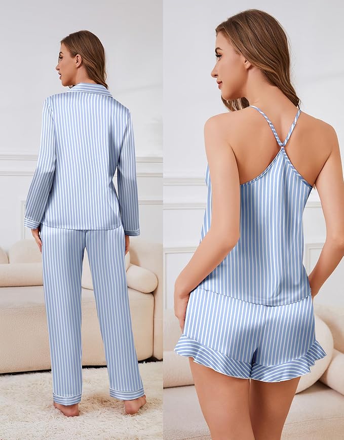 SAPJON Satin Silk Pajamas for Women Set 5PCS Classic Button Down Pajamas Top and Pants Cami and Ruffle Shorts Sleepwear