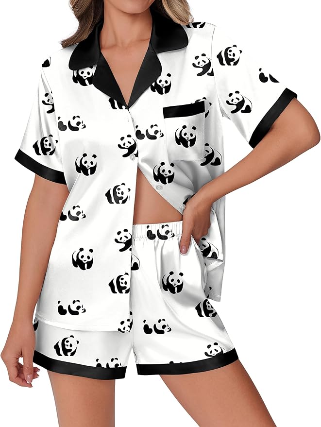 Ekouaer Womens Silk Satin Pajamas Set Animals Print Pjs Button Down Short Sleeve Lounge Set 2 Piece Sleepwear