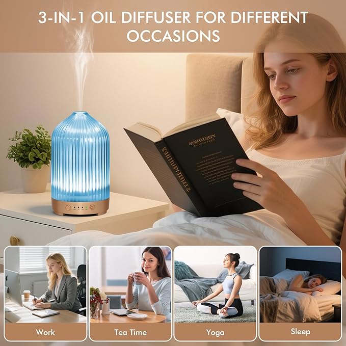 Glass Essential Oil Diffuser 200ml-Ultrasonic Aroma Diffuser with Glass Dome, Aromatherapy Diffuser with 4 Timers 7 Color LED Lights Auto Shut-Off Protection for Home Office Yoga Gift for Women