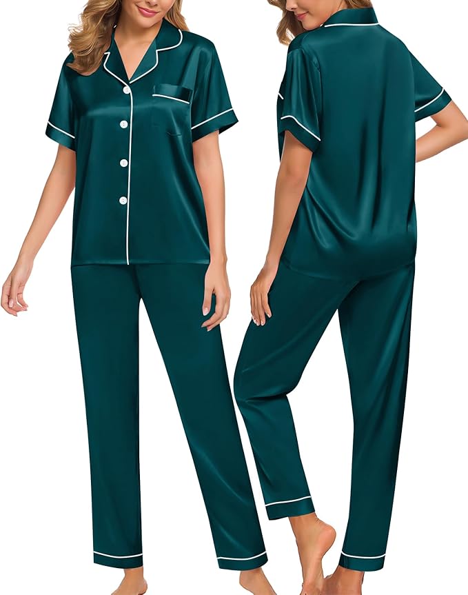 SWOMOG Women Satin Pajamas Set Short Sleeve Top & Pants Sleepwear Silky Button Down Nightwear 2pcs Loungewear Pjs Set