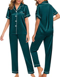 SWOMOG Women Satin Pajamas Set Short Sleeve Top & Pants Sleepwear Silky Button Down Nightwear 2pcs Loungewear Pjs Set