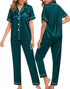 SWOMOG Women Satin Pajamas Set Short Sleeve Top & Pants Sleepwear Silky Button Down Nightwear 2pcs Loungewear Pjs Set