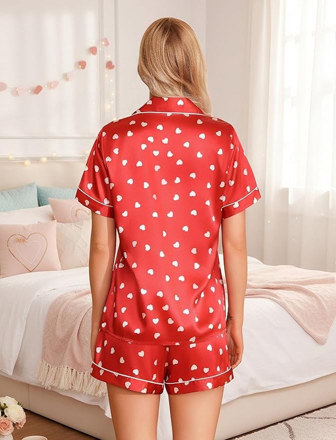 Samring Women's Silk Satin Pajamas Set Short Sleeve Sleepwear Two Piece Button Down Pj Set with Pockets S-XXL