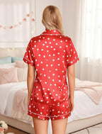 Samring Women's Silk Satin Pajamas Set Short Sleeve Sleepwear Two Piece Button Down Pj Set with Pockets S-XXL