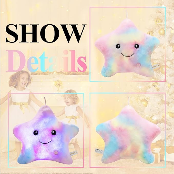 Twinkle Star Pillow LED Night Light Up Stuffed Animals for Girls Kids Pillow Plushies for Boys,Glow Cute Throw Pillows Plush Toy Gifts for Birthday Children Christmas Decor Couch Bed Colorful