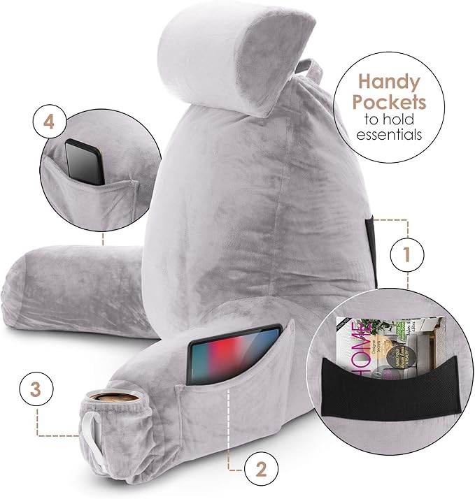 Clara Clark Reading Pillow with Shredded Memory Foam Includes 2 Neck and Lumber Support Pillows, Designed for Sitting Up in Bed and Couch, Back and Arms Adjustable Support for Adults, Grey Lavender