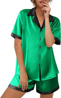 Ekouaer Womens Silk Satin Pajama Set Short Sleeve PJs 2 Piece Button Down Top and Shorts Notch Collar Sleepwear Sets Soft Pjs