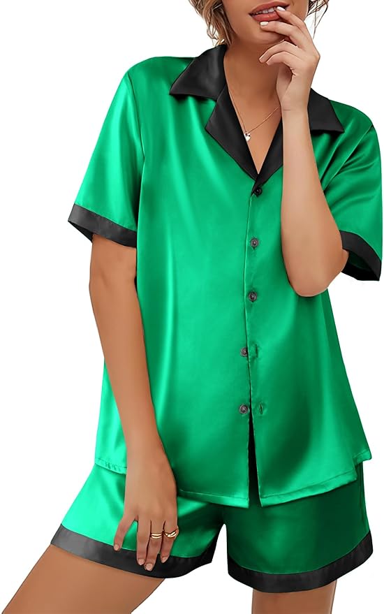 Ekouaer Womens Silk Satin Pajama Set Short Sleeve PJs 2 Piece Button Down Top and Shorts Notch Collar Sleepwear Sets Soft Pjs