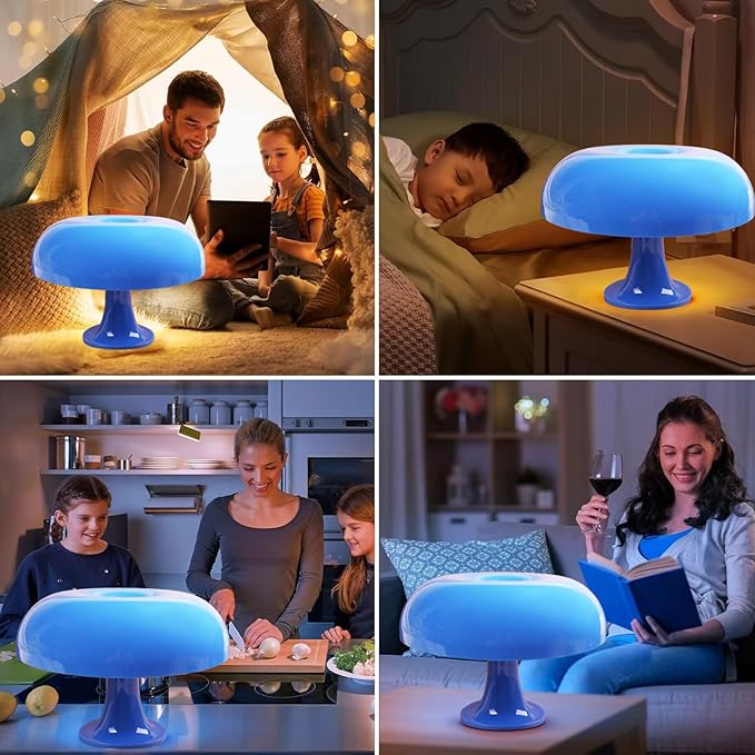 25W Blue Mushroom Lamp, LED Retro Table Lamp with 3 Color Temperatures and 4 Bulbs, Mid Century Modern Nightstand Light for Bedroom, Living Room, Office Aesthetic Decor, US Plug Powered, E14 Sockets