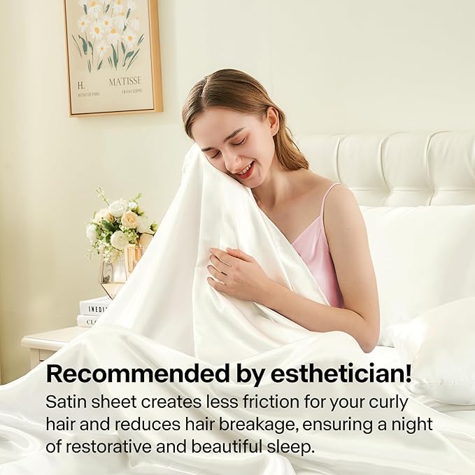 BEDELITE Satin Sheets Queen Size Bed Set, Luxury Soft Ivory White Silky Sheets for Hair and Skin, Similar to Silk Bed Sheets Set 4 Pieces （1 Deep Pocket Fitted Sheet, 1 Flat Sheet, and 2 Pillowcases）