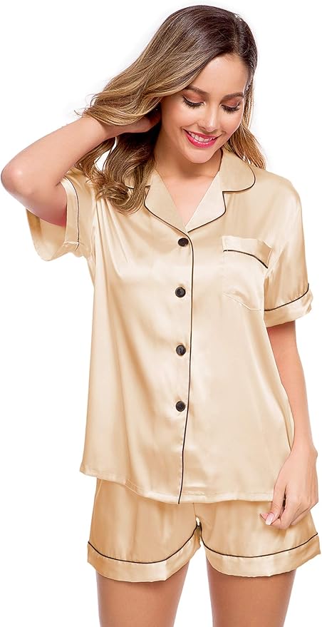 LecGee Womens Silk Satin Pajamas Short Sleeve Loungewear Two-Piece Sleepwear Button-Down Pj Set