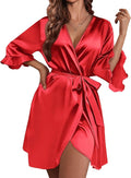 Ekouaer Women's Satin Robe Valentines Lingerie for Women Kimono Bathrobe Short Ruffle Belted Robes Bridesmaids Sleepwear