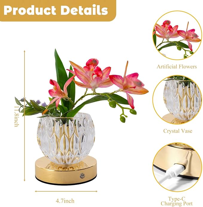 Flower Table Lamp, Orchid Flower with Crystal Vase Lamp, Cordless Touch Desk Light, 3 Colors Dimming & Rechargeable, Small Night Light for Bedroom Home, Romantic Gifts for Girl Women (Pink)