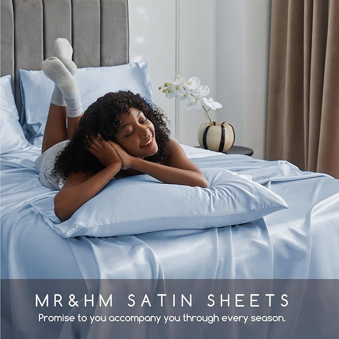 MR&HM Satin Bed Sheets with Elastic Corner Straps, King Size Sheets Set, 4 Pcs Silky Bedding Set with 15 Inches Deep Pocket for Mattress (King, Blue Haze)