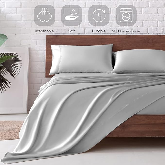 MR&HM Satin Bed Sheets, King Size Sheets Set, 4 Pcs Silky Bedding Set with 15 Inches Deep Pocket for Mattress (King, Silver Grey)