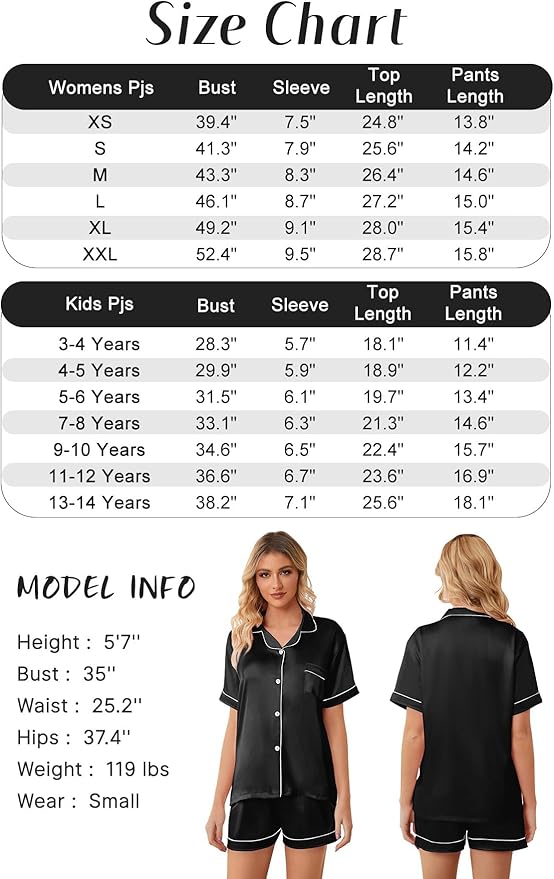Girls & Womens Satin Pajamas Set, Silk Button-Down Sleepwear 2 Piece Nightwear, 3 Years - Women XXL