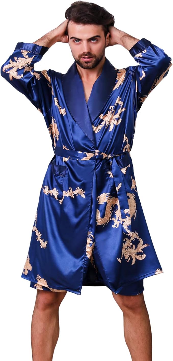 Mens Satin Robe,Silk Long Sleeve House Kimono Bathrobe,Soft Loungewear Dragon Robe