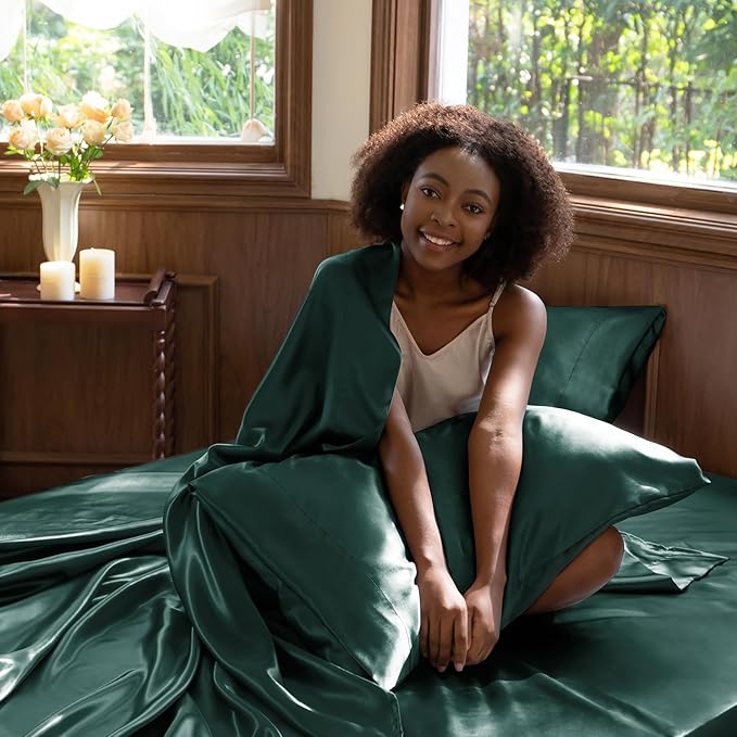 CozyLux Satin Sheets Full Size Sheets - 4 Piece Silky Full Size Bed Sheets, Luxury Deep Teal Full Bed Set with Smooth and Soft Microfiber, Includes 1 Fitted Sheet, 1 Flat Sheet and 2 Pillowcases