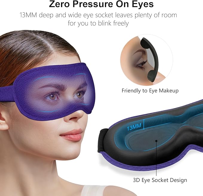 Gritin 100% Blackout Sleep Eye Mask for Women Men,Zero Eye Pressure Sleeping Mask-Ergonomic Design 3D Cutout Eye Movement and Eyelash Friendly Night Blindfold,Soft&Comfortable for Sleeping-Deep Purple
