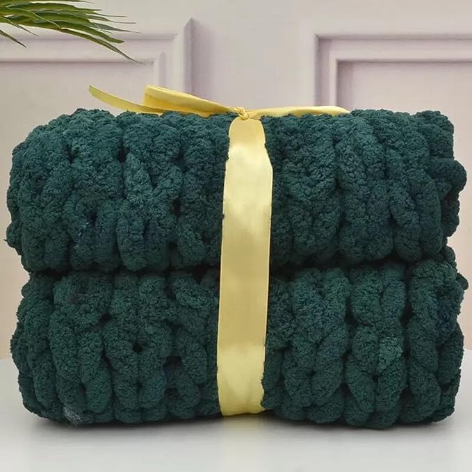 Wttfc Chunky Knit Throw Blanket, Handmade Soft Chenille Yarn Throw Blanket, Thick Cable Knitted Blankets, Large Rope Knot Crochet Blankets for Couch Sofa Bed Home Decor,Dark Green,150x150cm