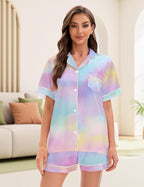 EPLAZA Silk Pajamas for Women Satin Pajamas Set 5 Pcs Long Sleeve Print Pattern Button Down Pjs Sleepwear Loungewear Set