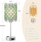Hong-in Green Lamps for Night Stands-Crystal Table Lamp with USB-C+A & AC Charging Ports, 3-Way Dimmable Nightstand Touch Lamp, Bedside Desk lamp for Bedroom Living Room Home Office