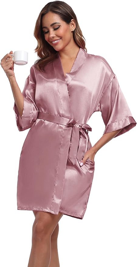 Women's Short Satin Robes Silky Bathrobe Bridesmaid Sleepwear for Wedding Party Getting Ready Solid Color