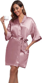 Women's Short Satin Robes Silky Bathrobe Bridesmaid Sleepwear for Wedding Party Getting Ready Solid Color