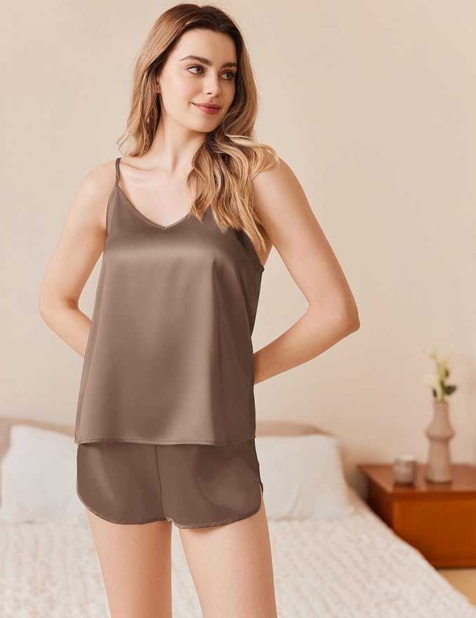 Ekouaer Silk Pajamas Set for Women Satin Camisole Sleepwear Lingerie V-Neck Cami Top and Shorts Pjs