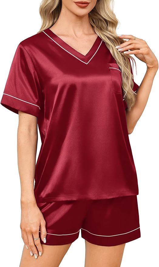 WIHOLL Silk Pajamas for Women Short Sleeve Sleepwear Soft Lounge Sets 2 Piece Satin Pjs