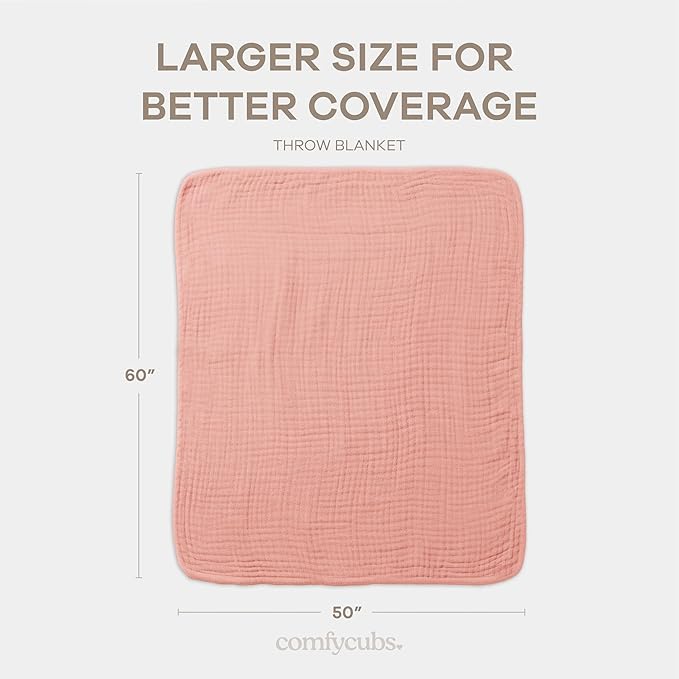 Comfy Cubs Muslin Throw Blanket - 50” x 60” Quilted Design - Lightweight, Breathable 6-Layer Gauze Fabric - Soft Cotton Blanket for Home or Travel - Packaged in Elegant Gift Box - Bold Blush