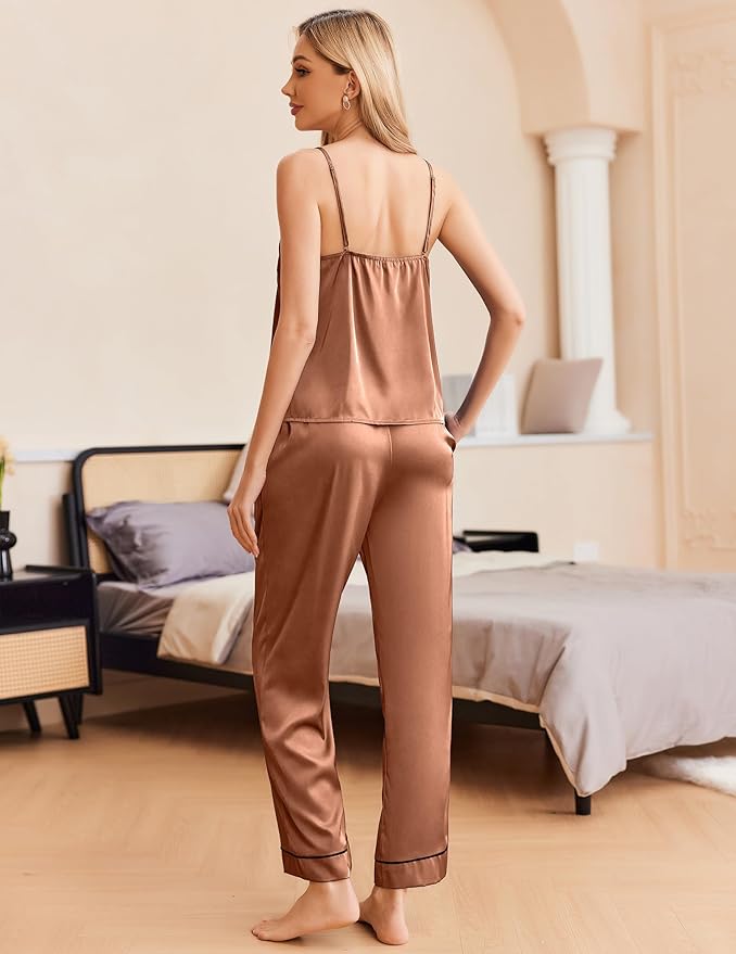 Ekouaer Women Silk Satin Pajamas Sleeveless Pjs Set 2 Piece Summer Loungewear Sleepwear with Pockets S-XXL