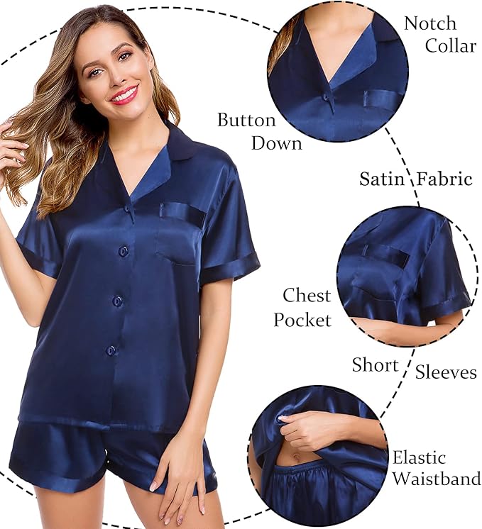 LecGee Womens Silk Satin Pajamas Short Sleeve Loungewear Two-Piece Sleepwear Button-Down Pj Set