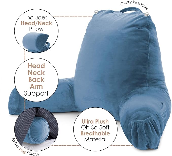 Clara Clark Reading Pillow with Shredded Memory Foam Includes 2 Neck and Lumber Support Pillows Designed for Sitting Up in Bed and Couch Back and Arms Adjustable Support for Adults & Teens Blue Heaven